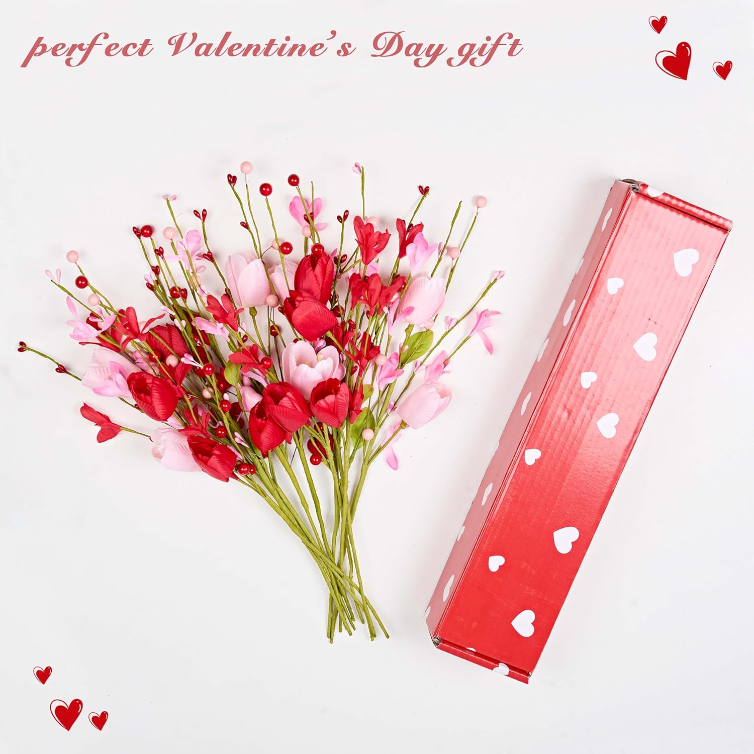Valentine'S Day Gifts 12 Pack Artifcial Valentine Decorations 17 Inch Valentines Day Pink Picks With Red Tulip Pink Love Heart Berries For Valentine Wedding Anniversary Party Decor