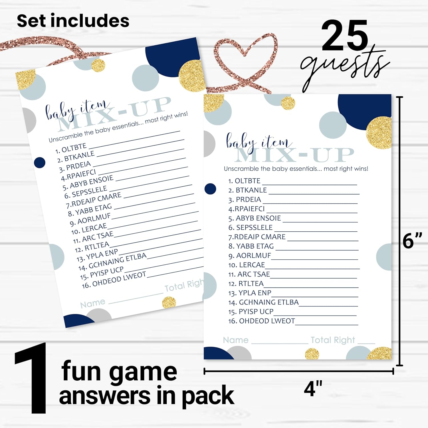 Navy And Gold Baby Shower Games For Boys - Word Scramble Activity - Fun Gender Reveal Game For Guests - Royal Prince & Twinkle Little Star Theme - 25 Pack