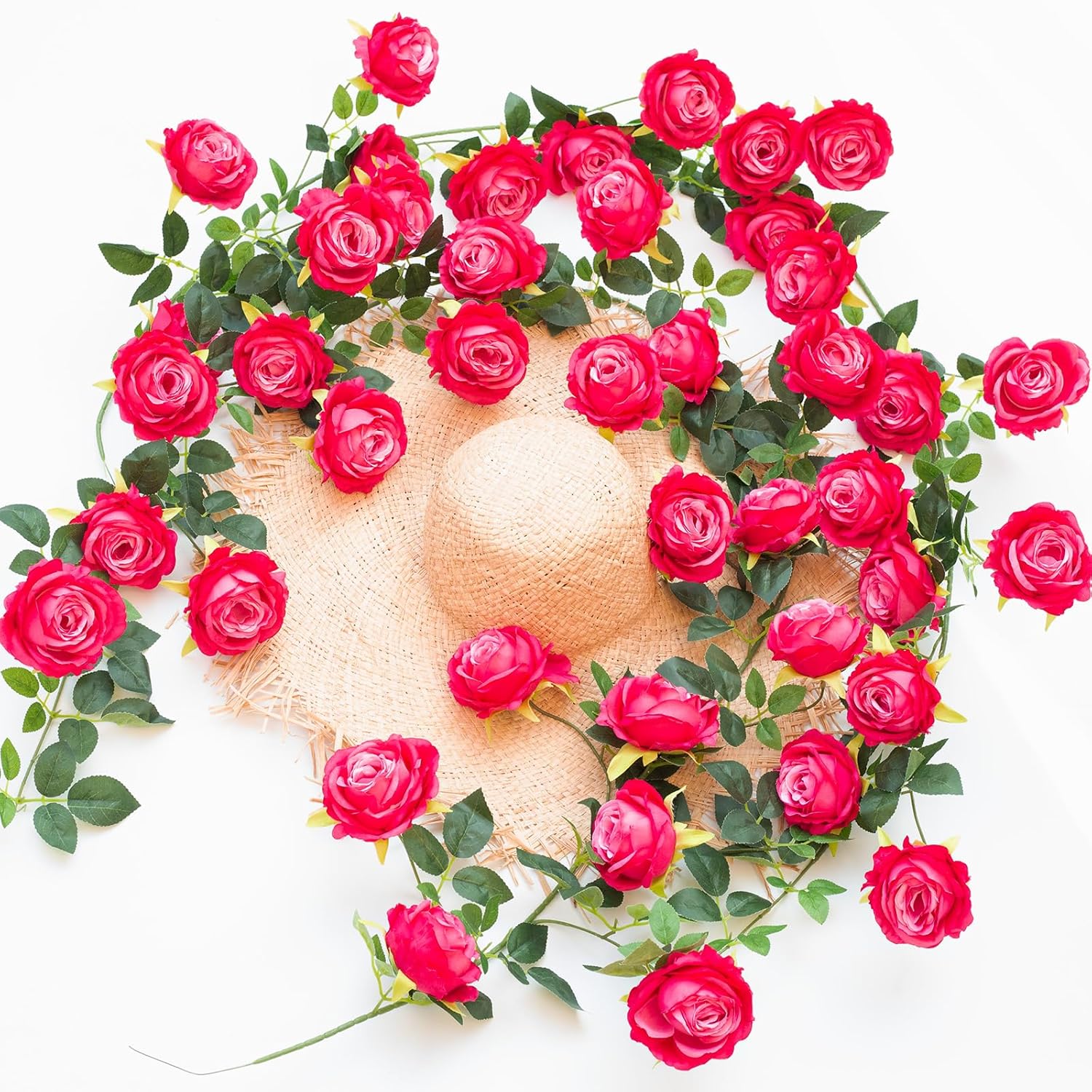 Bendable Artificial Flower Garland Faux Rose Vine Hanging Floral Garland For Wall Decor Trellis Fence Home Room Garden Wedding Decoration(Fuchsia, 2Pcs)