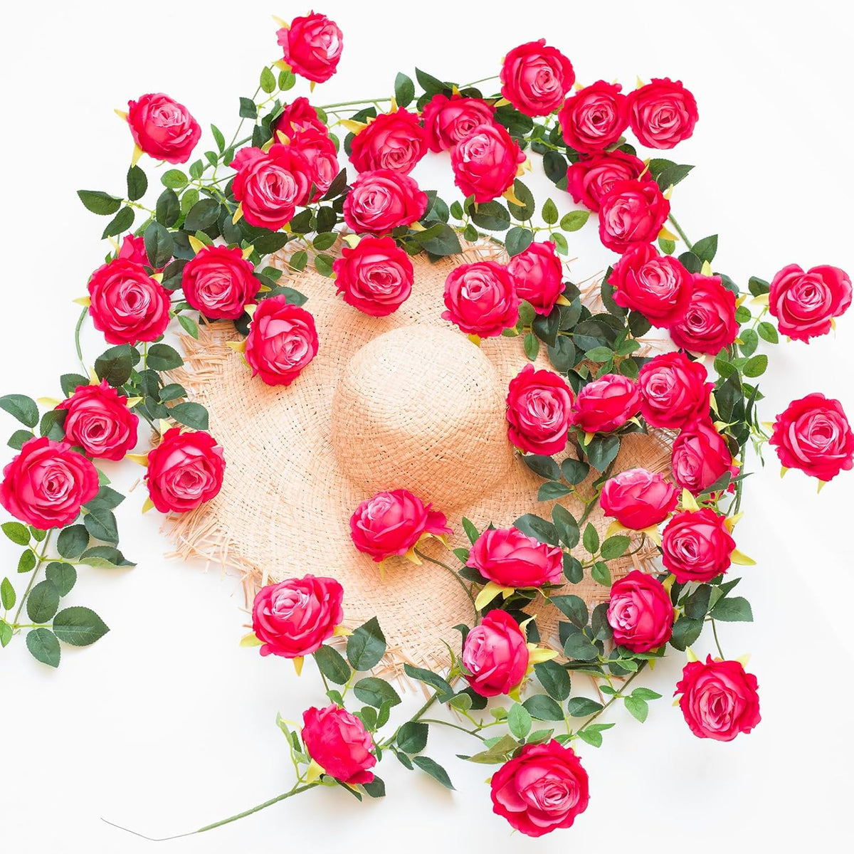 Bendable Artificial Flower Garland Faux Rose Vine Hanging Floral Garland For Wall Decor Trellis Fence Home Room Garden Wedding Decoration(Fuchsia, 2Pcs)