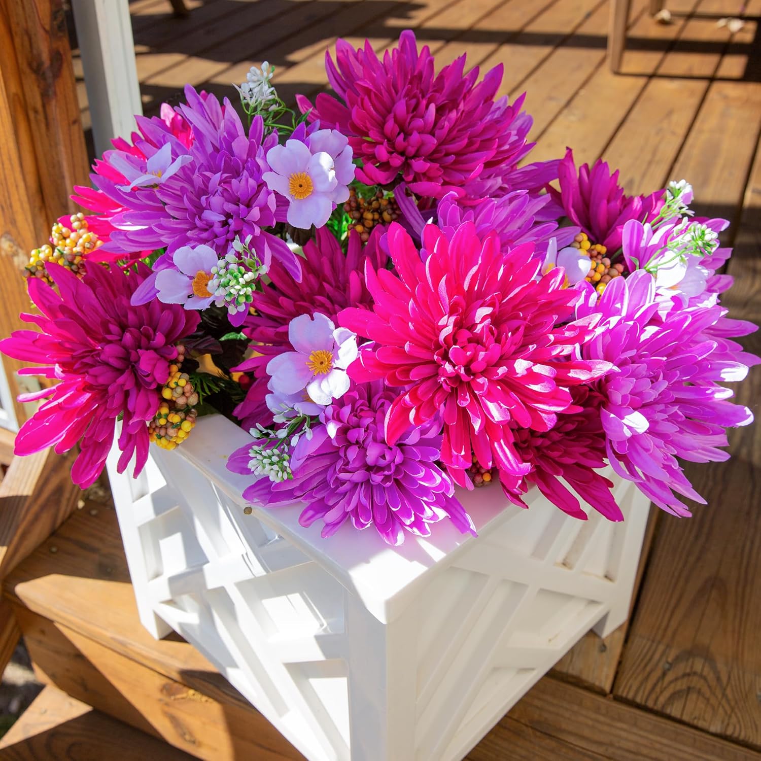 2 Bundles Artificial Fake Silk Flowers Chrysanthemum Bouquets Faux Flower With Long Stems, Sping Bouquet Flowers Wedding Party Home Decor (Not Included A Pot (Fuchsia)