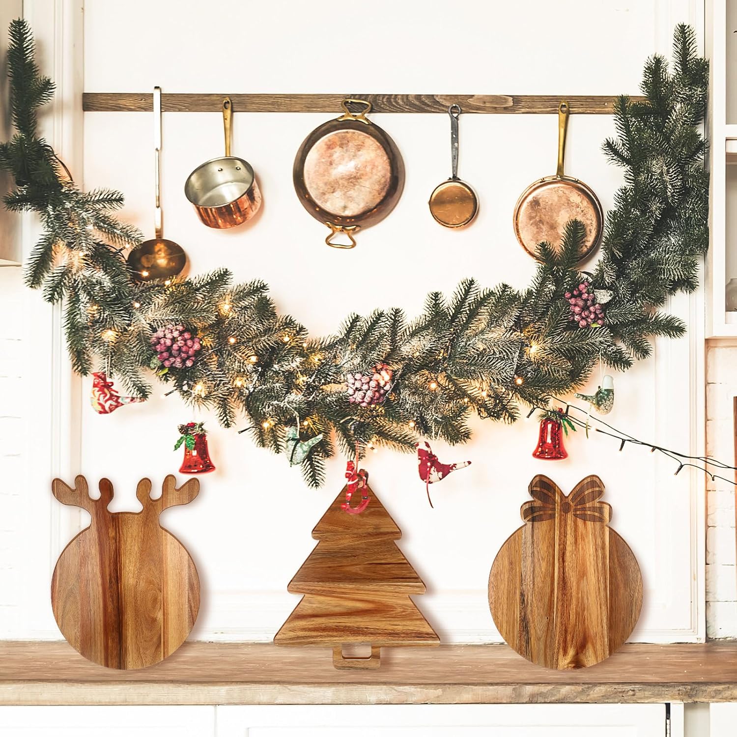 3 Pcs Christmas Cutting Board Charcuterie Board Xmas Tree Antler Wreath Handle Acacia Wood Large Round Decorative Serving Tray For Pizza Bread Cheese Fruit Gift For Christmas