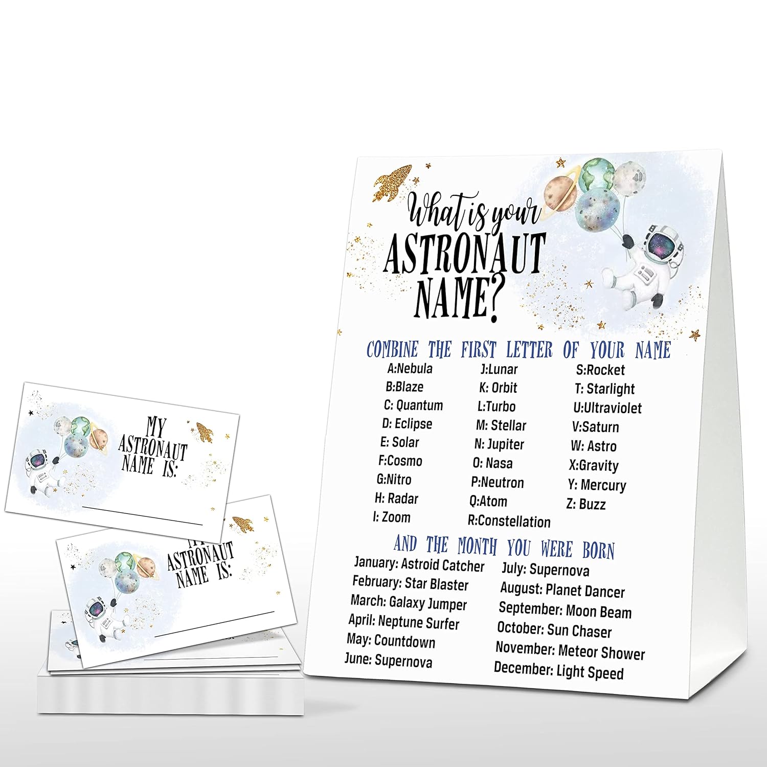 What'S Your Astronaut Name Game - Outer Space Birthday Party Games For Boys - Family School Classroom Activity - 1 Standing Sign And 30 Stickers - Kids Space Party Supplies Decorations(14)