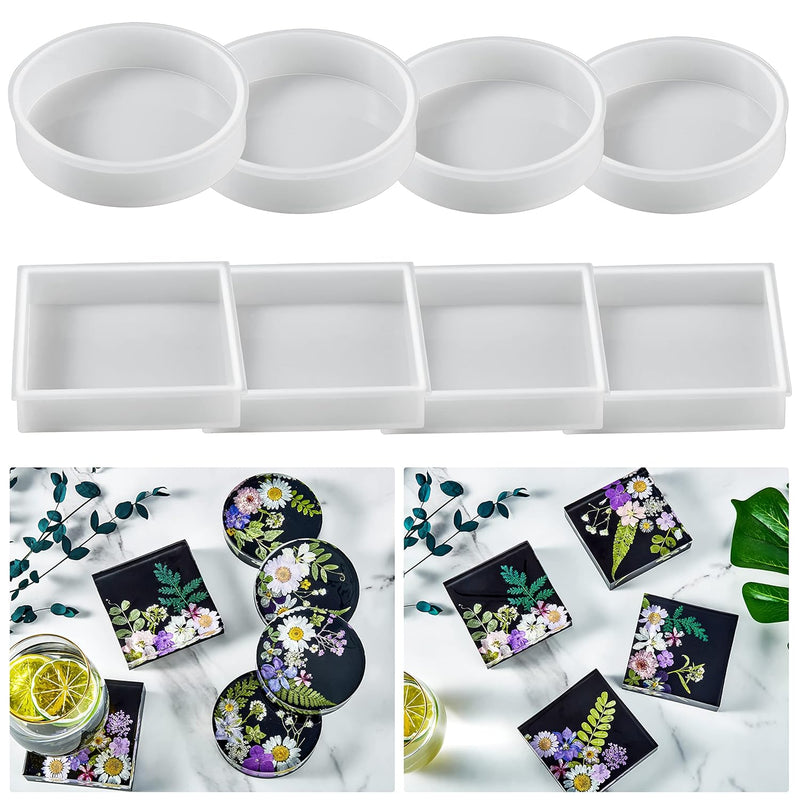 8Pcs Resin Coaster Molds Set, Include 4 Square And 4 Round Thick Silicone Molds For Epoxy Resin Casting Diy Coaster, Cups Mats, Home Decoration