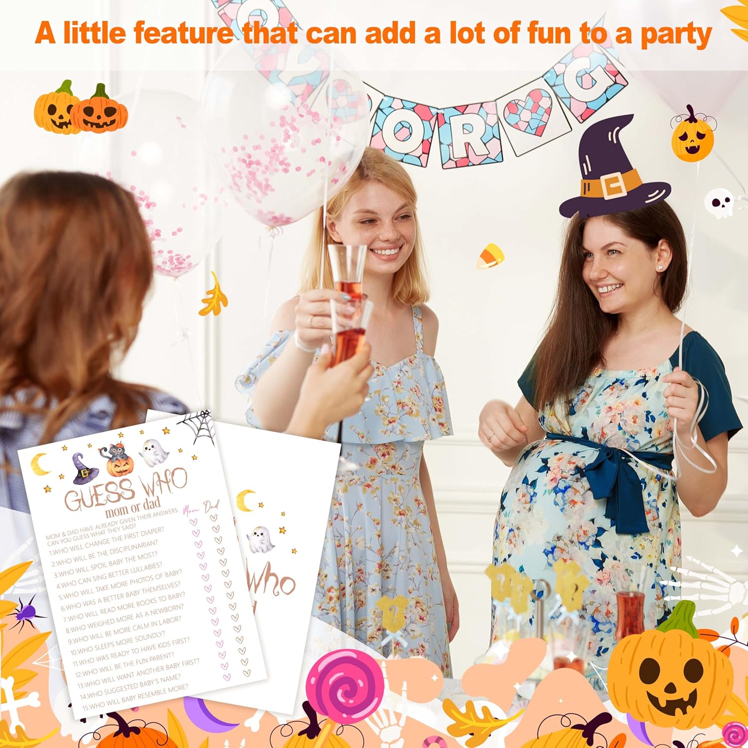 Baby Shower Games, Halloween Guess Who Mom Or Dad Game Cards, 25 Sets Baby Gender Reveal Party Decorations Supplies Favors - D01