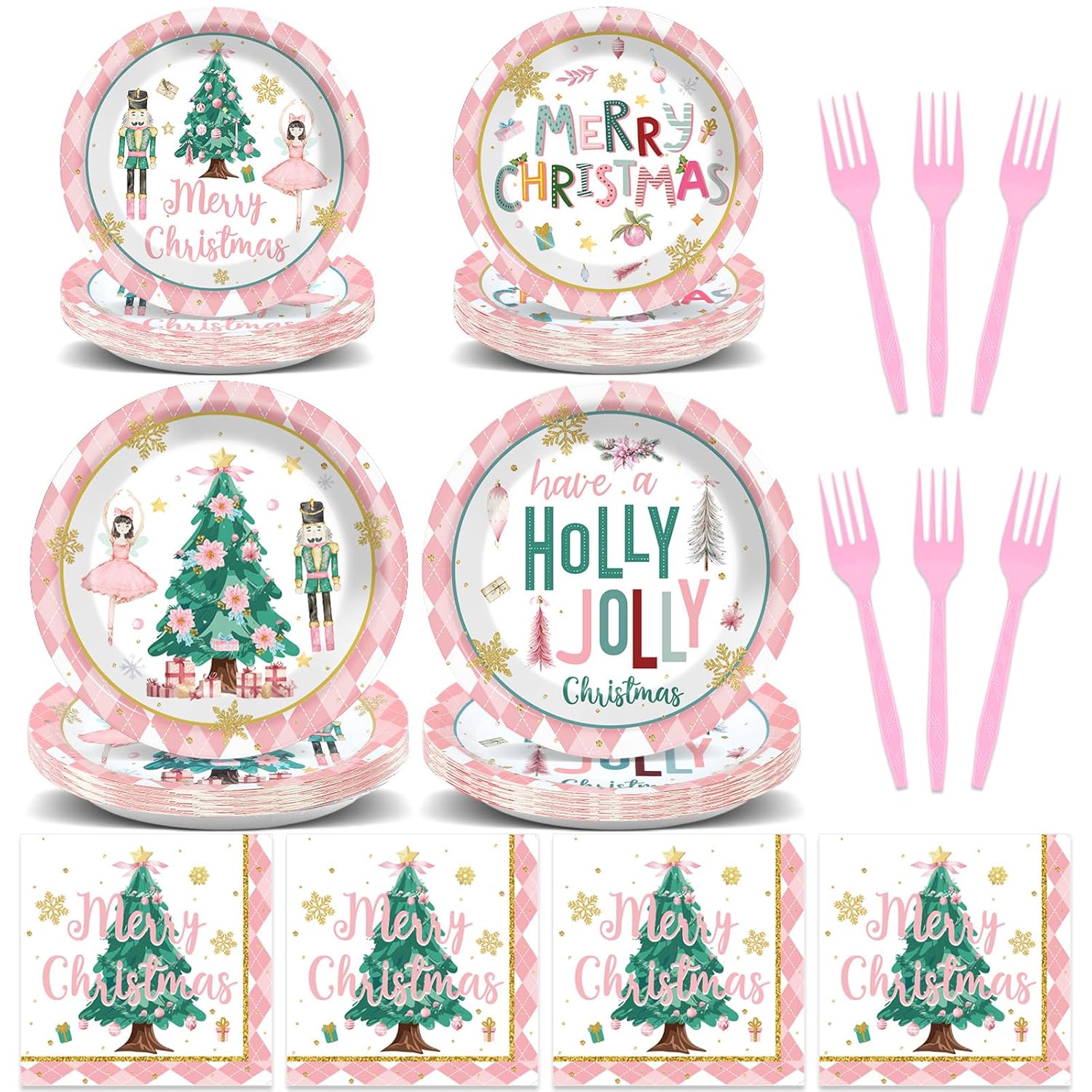 96Pcs Christmas Nutcrackers Party Supplies Pink Nutcrackers Paper Plates And Napkins Christmas Tableware Set Xmas Tree Snowflake Plates For Winter Holiday Seasonal Party Decorations Serve 24