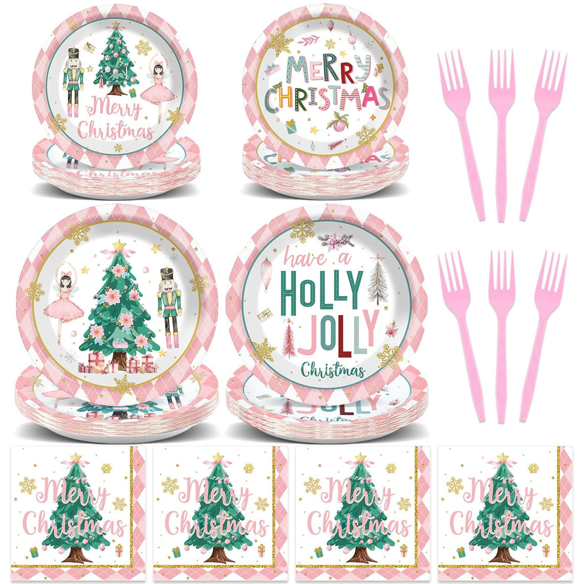 96Pcs Christmas Nutcrackers Party Supplies Pink Nutcrackers Paper Plates And Napkins Christmas Tableware Set Xmas Tree Snowflake Plates For Winter Holiday Seasonal Party Decorations Serve 24
