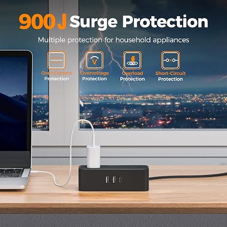 Surge Protector Power Strip 4 Outlets 3 USB Ports USB C 5FT Flat Plug Extension Cord Black