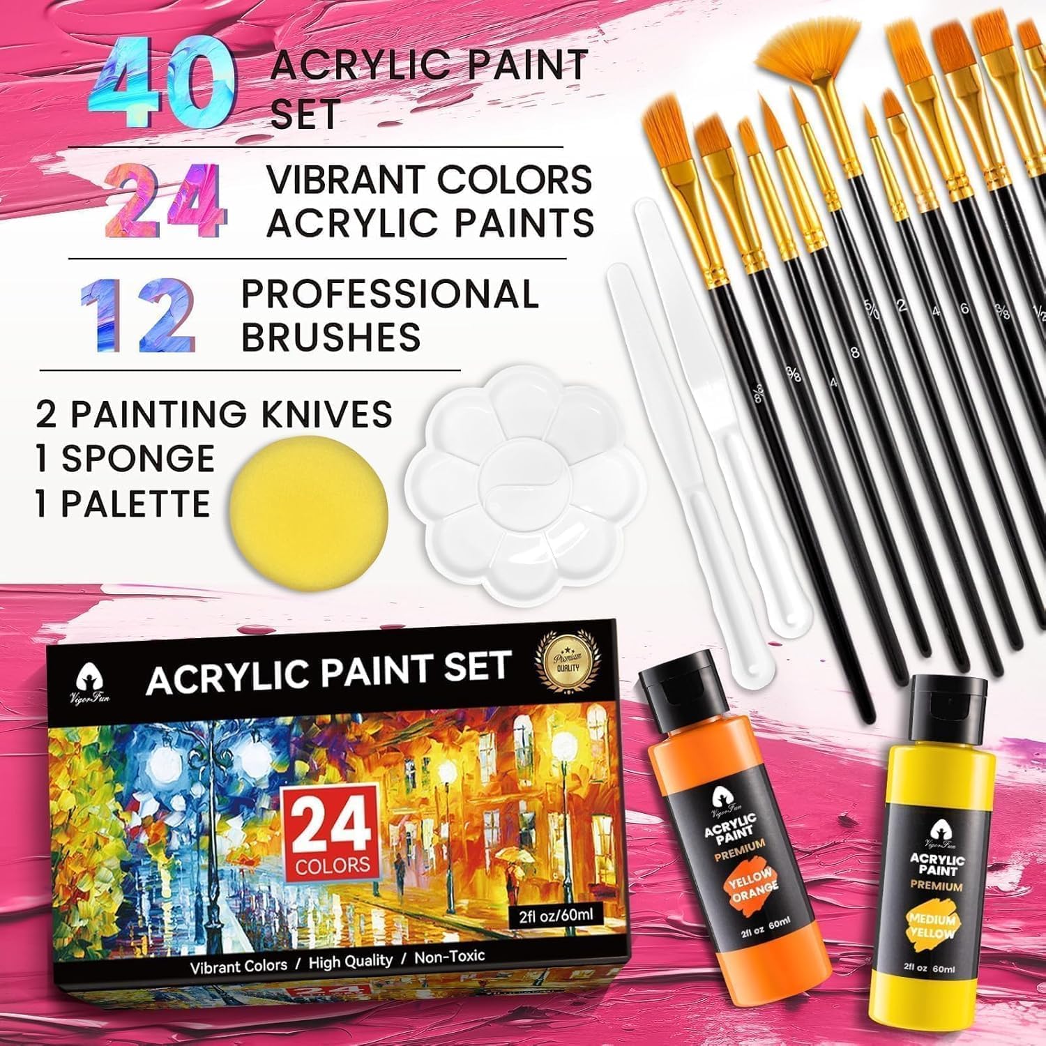 52 Pcs Acrylic Paint Set - 36 Colors (2Oz/60Ml) With Brushes, Knives & Palette - Rich Pigments Gifts For Adults, Artists & Beginners - Painting On Canvas, Ceramic, Rock, Wood