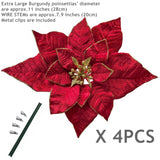 Artificial Christmas Flowers Red Velvet Poinsettia Floral Picks For Christmas Wreath Tree Ornaments(4Pcs Extra Large Burgundy)