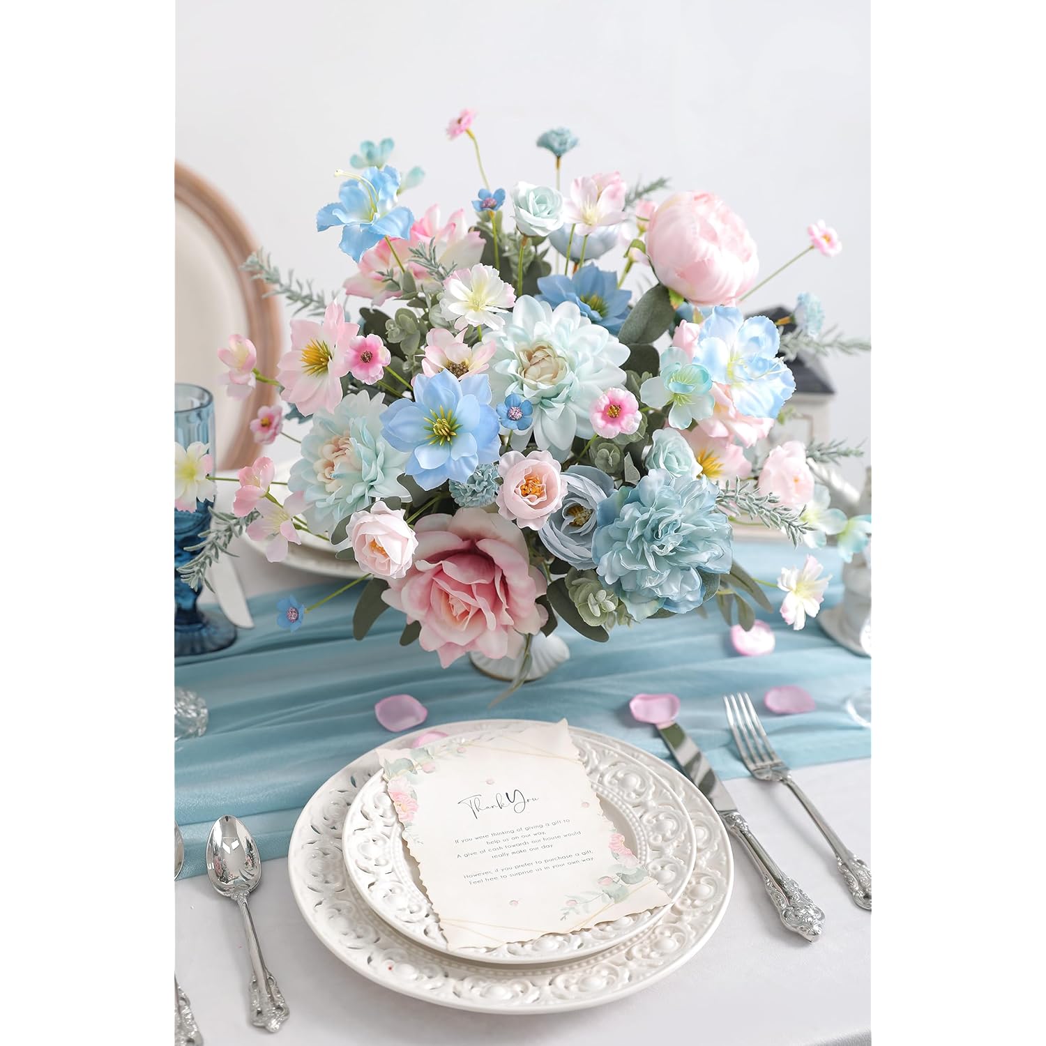 Artificial Flowers Combo Box Set Silk Flowers Fake Rose For Diy Floral Arrangements Wedding Bouquets Centerpieces Baby Shower Party Home Decorations (Blue Pink)