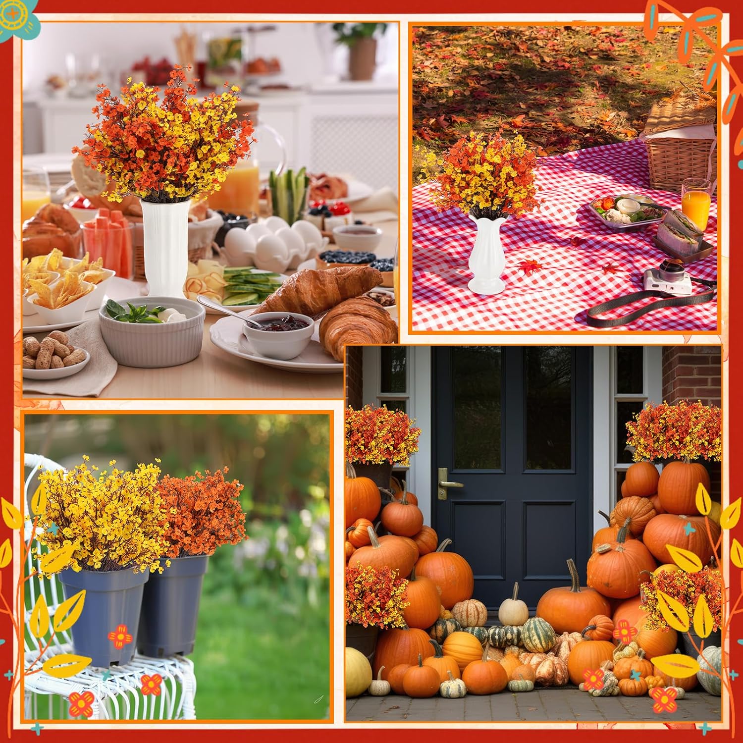 21 Pcs Fall Decor Baby’S Breath Artificial Flowers Bulk Orange And Yellow Real Touch Silk Flowers For Wedding Centerpiece, Thanksgiving, Halloween, Home Decoration