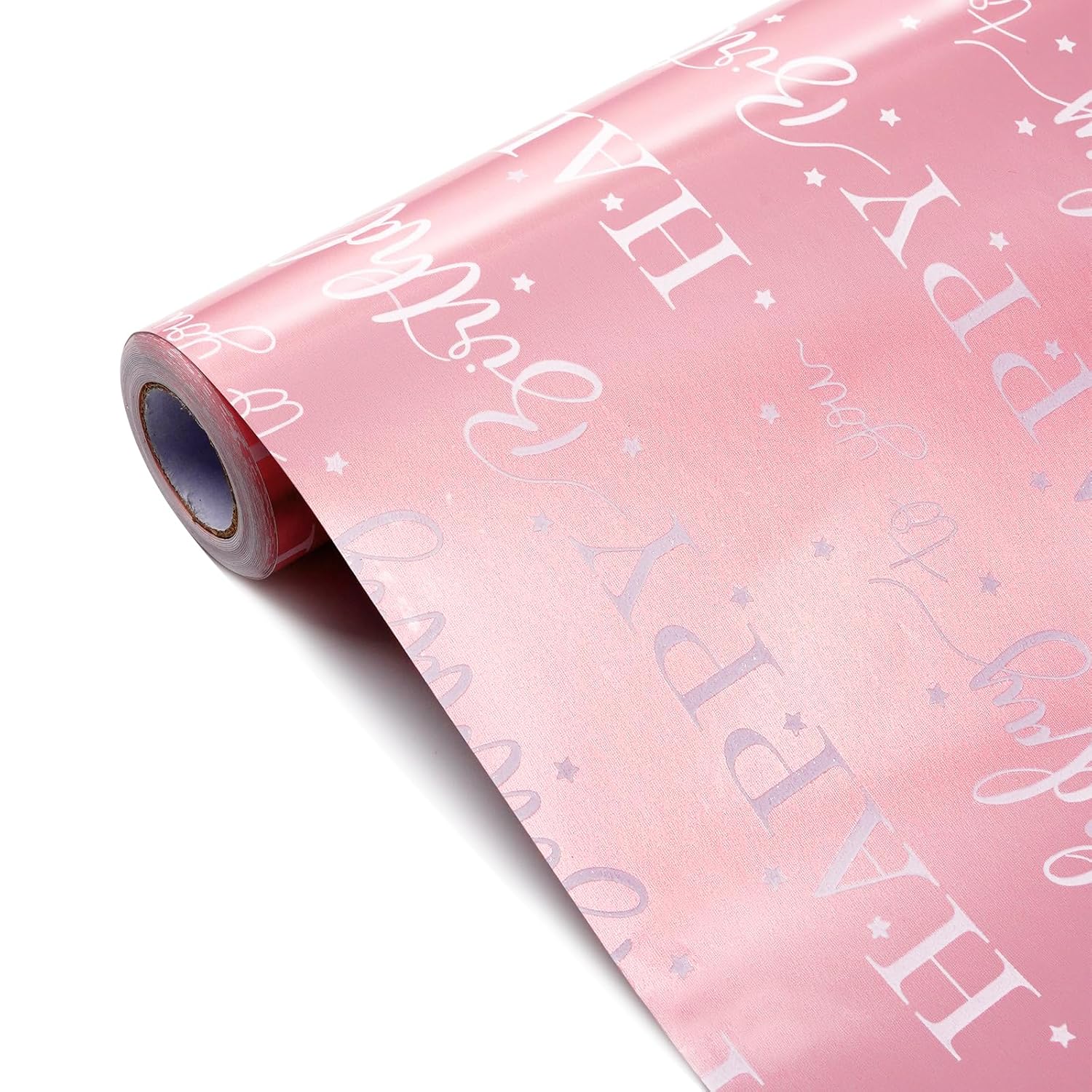 Pink Birthday Wrapping Paper Roll,Metallic Foil Gift Wrap For Women Girls, Shiny Star & Happy Birthday Lettering Design, 17" X 33 Ft (46.5 Sq.Ft)