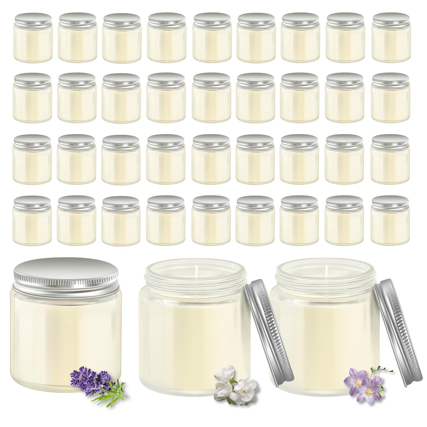 36 Pcs 4Oz Mini Mason Jar Candles Small Scented Candles Bulk Aromatherapy Ideal Souvenir Favors For Wedding Birthday Party (Freesia, Lavender, Jasmine, Silver)