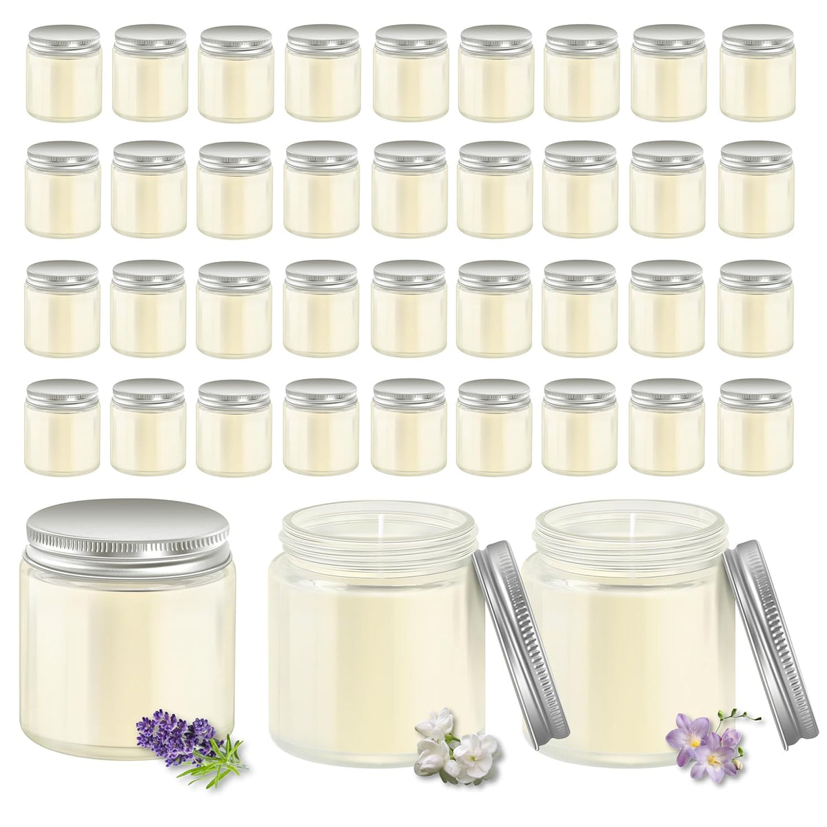 36 Pcs 4Oz Mini Mason Jar Candles Small Scented Candles Bulk Aromatherapy Ideal Souvenir Favors For Wedding Birthday Party (Freesia, Lavender, Jasmine, Silver)