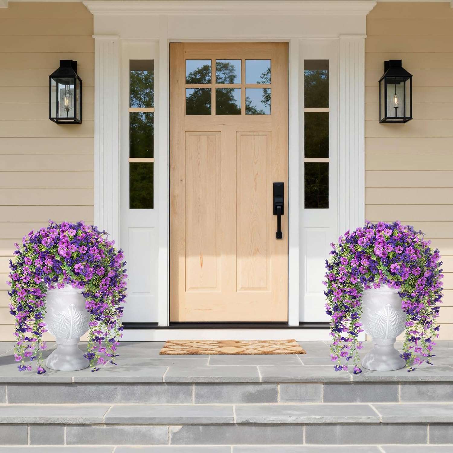 Artificial Hanging Daisy Flowers, Uv Resistant Plastic Fake Flowers For Outdoor Indoor Garden Porch Patio Balcony Decor, 2 Upright Stems + 2 Hanging Vines Combo, Double Purple