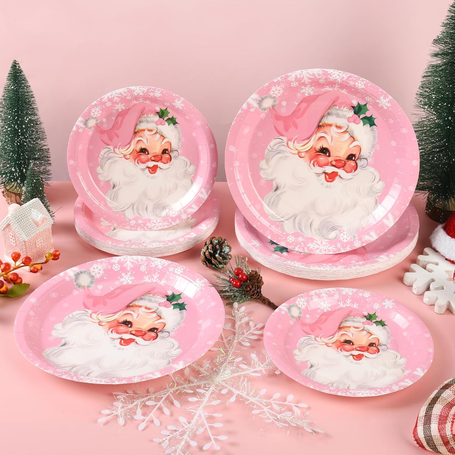 48Pcs Pink Christmas Party Plates Santa Claus Disposable Paper Plates Merry Christmas Snowflake 9" And 7" Dinner Dessert Plates For Winter Xmas Holiday Party Supplies Decor
