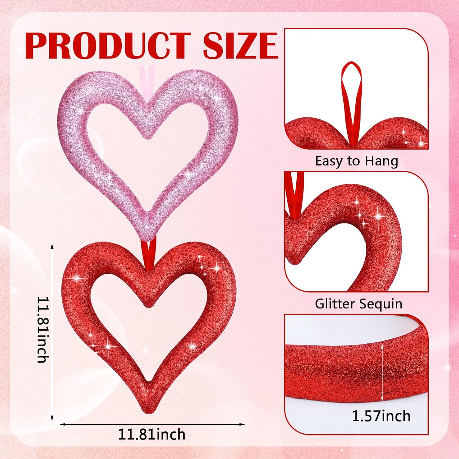 2 Pack Large Valentine'S Day Heart Ornaments For Tree Red Pink Glitter Heart Ornaments Valentines Wreaths For Home Office Holiday Front Door Wall Wedding Anniversary Decor (11.8 Inch)