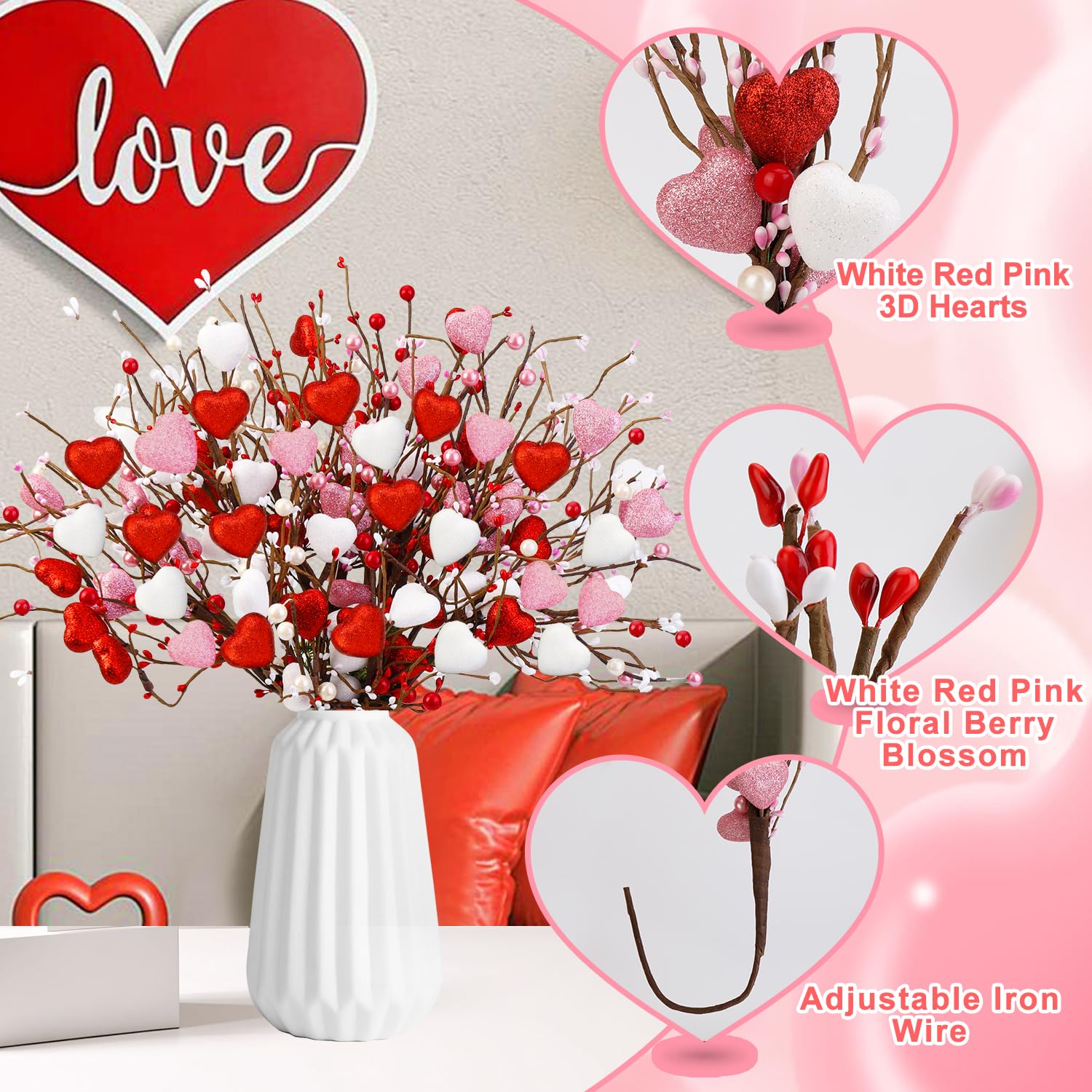 12 Pcs Valentine'S Day Decorations Valentines Picks Artificial Flowers Glitter Berry Flower Stems With Red Pink White Heart Picks Gifts For Wedding Candlelight Dinner