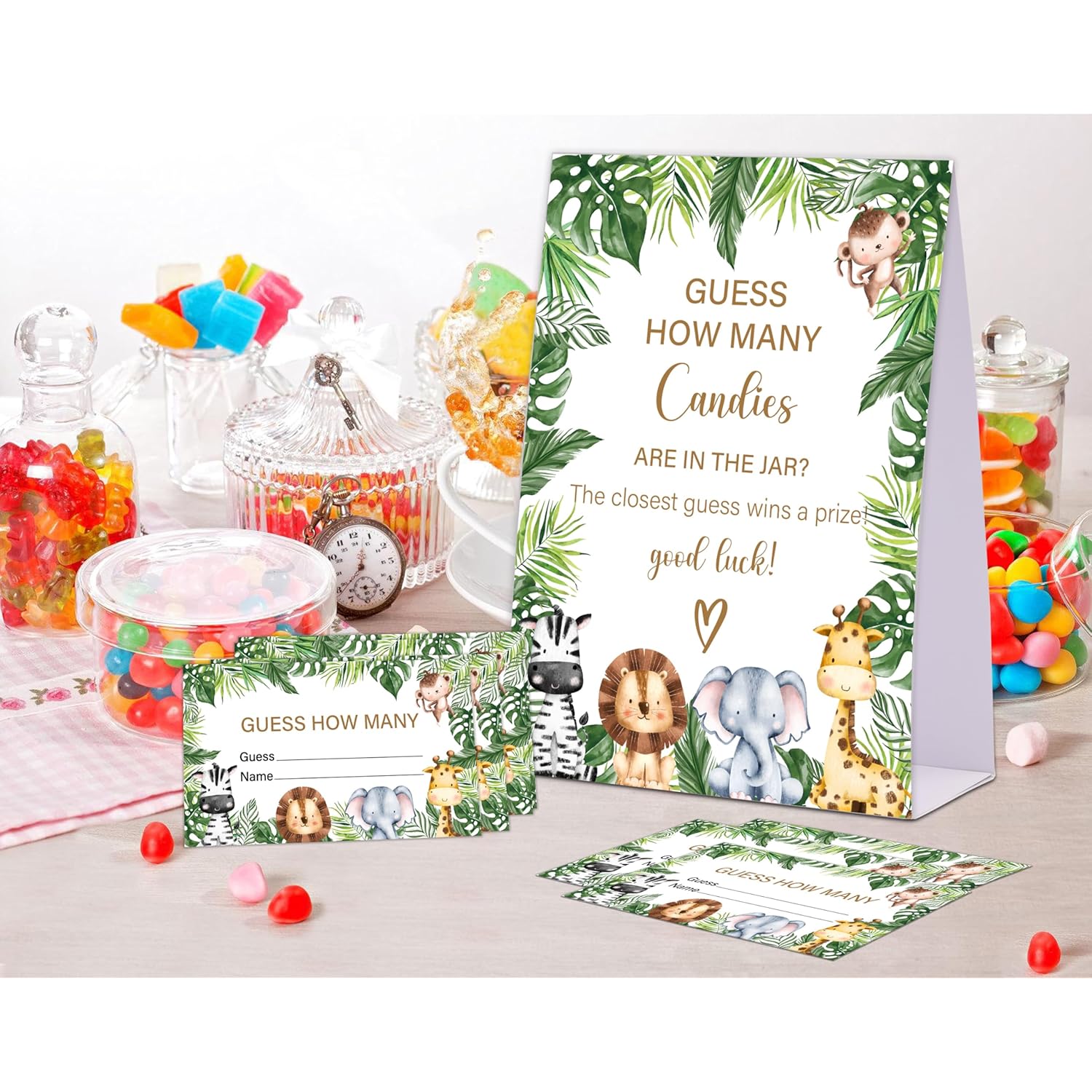 Jungle Safari Baby Shower Game, Guess How Many Candies Are In The Jar, Pack Of 1 Sign And 50 Guessing Cards, Baby Shower Decoration, Gender Neutral - 03