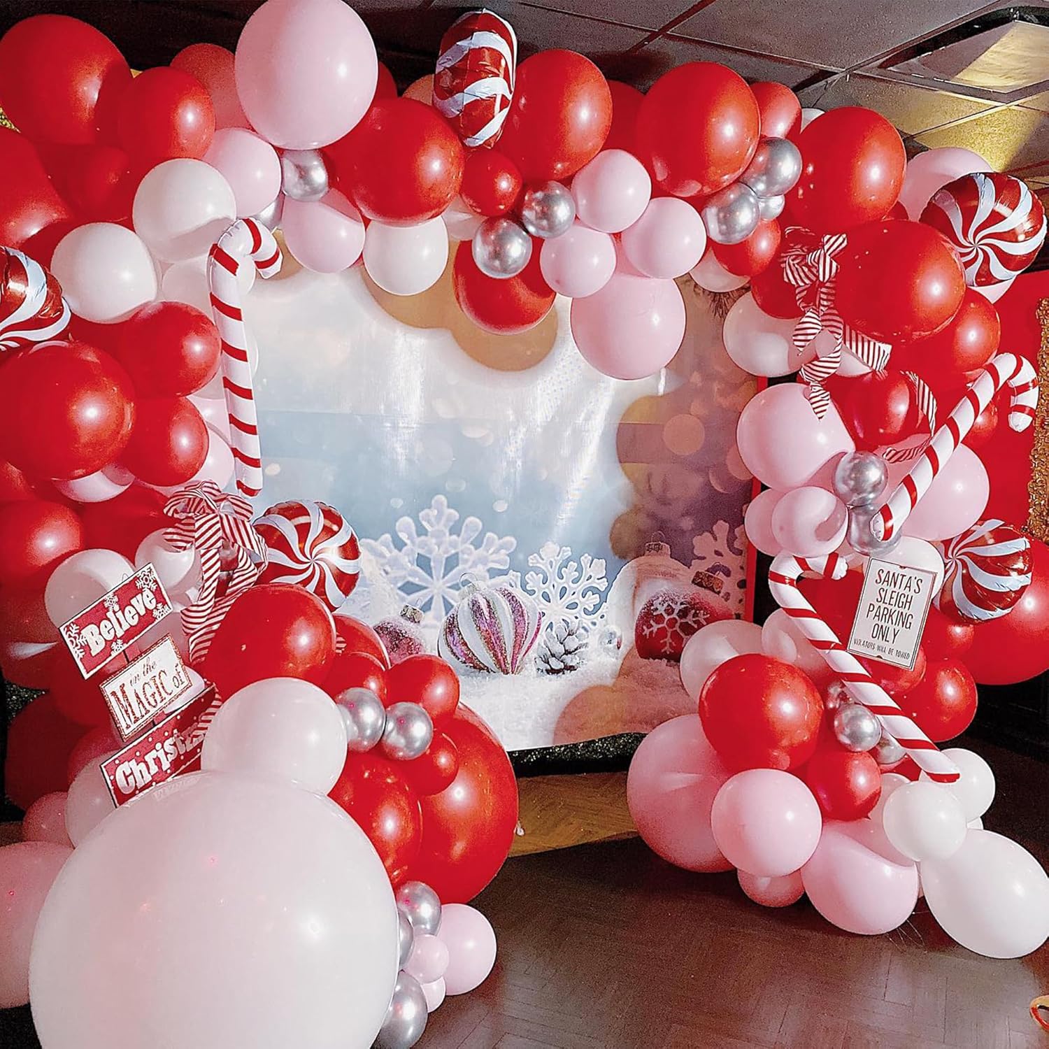 181Pcs Christmas Balloons Garland Kit With White Sliver Red Pink Candy Foil Balloons,Red Pink Explosion Star Foil Balloons For Xmas Birthday Party Or New Year Party Decorations