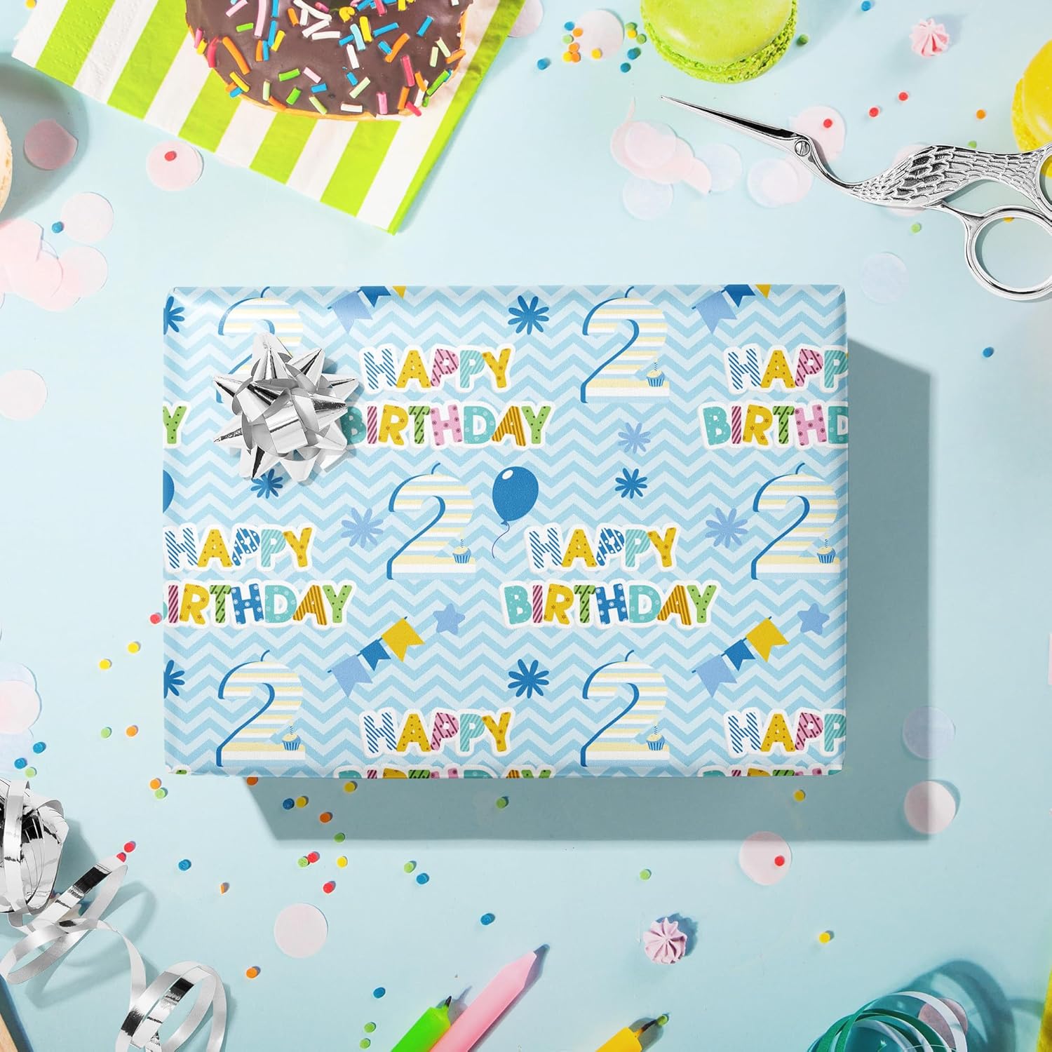 2St Birthday Wrapping Paper Roll - Blue Happy Birthday With Balloon Gift Wrap Sheets For Kids Boys Baby Shower Party Decoration Celebration Total 28.5Sq.Ft