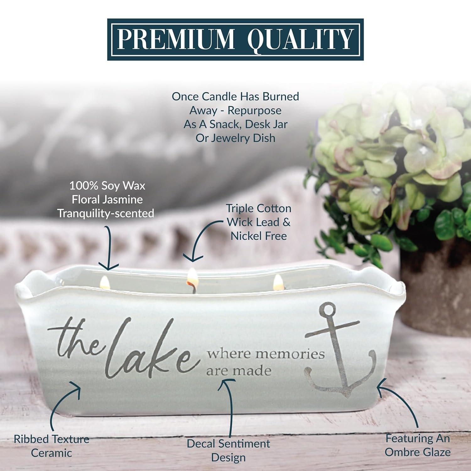 Pavilion Gift Company - at The Lake - 12-Ounce Wax Reveal Natural Soy Wax 3 Wick Candle, Jasmine Scented, Hidden Message Candle, Lake House Décor, 1 Count, 7.5 x 3.5 x 2.25-inch, Gray