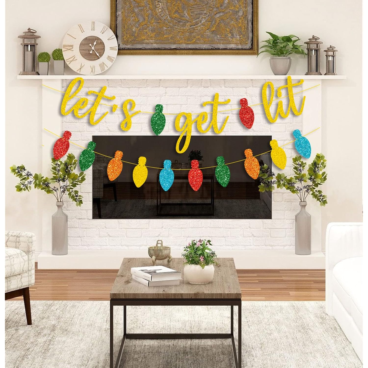 Gold Glittery Let'S Get Lit Banner And And Colorful Glittery Christmas Lightbulb Themed Banner Christmas Garland Signs Christmas Holiday Party Supplies For Mantle Fireplace Wall