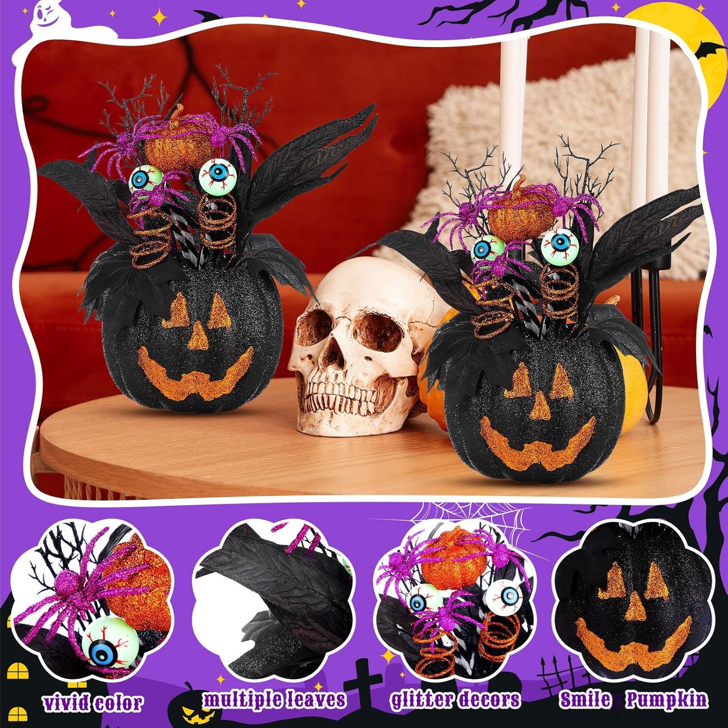 2 Pack Halloween Table Centerpieces Decorations 14'' X 10'' Pumpkin Table Artificial Flowers Tabletop Decor With Spider And Eyeball Halloween Tabletop Decor For Home Kitchen Indoor Outdoor