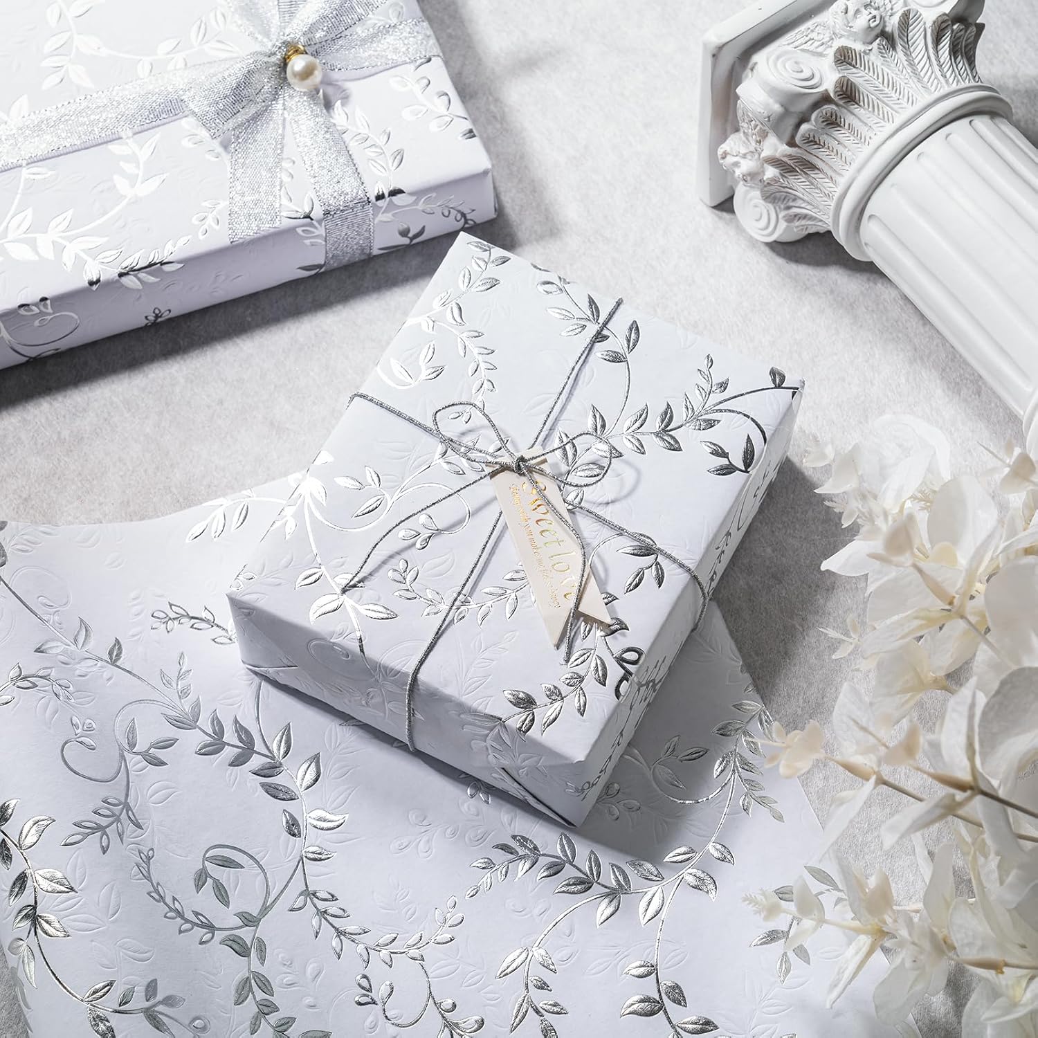 3D Kraft Wedding Wrapping Paper Roll - Mini Roll - 17 Inch X 16.5 Feet - Silver And White Leaves Design With Embossed Perfect For Birthday, Bridal Shower, Wedding, Baby Shower