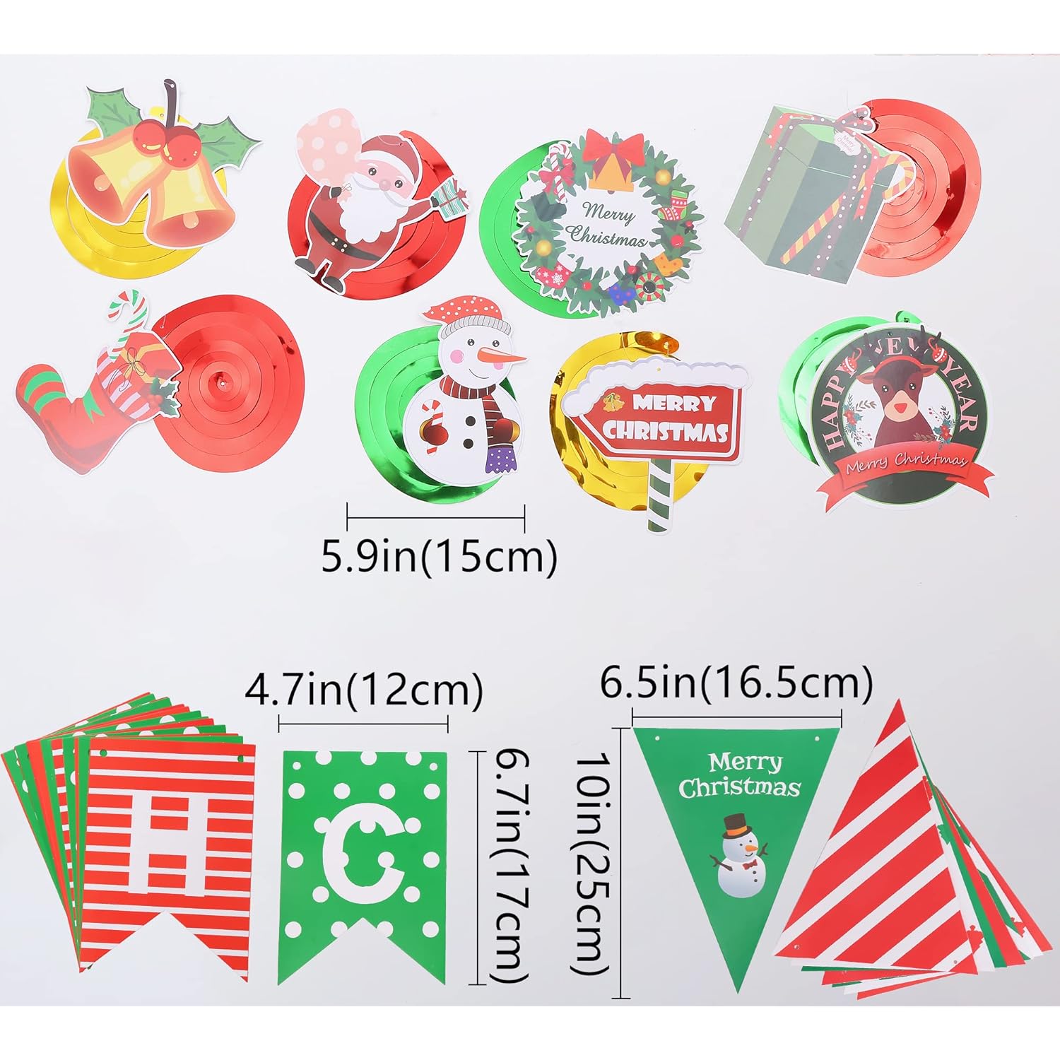 Merry Christmas Banner, Pennant Flags Garland & Hanging Swirls - Red Green, 10" X 4" - Christmas Party Decor