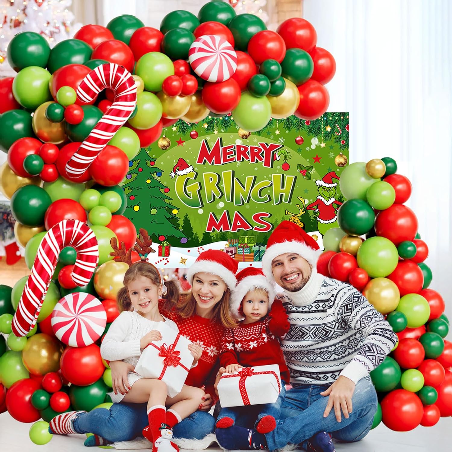 138 Pcs Christmas Balloon Arch Kit Christmas Balloon Garland With Merry Christ Mas Back Drop, Red Green Gold Latex Balloons And Red Candy Cane Lollipop For Xmas Party Decorations