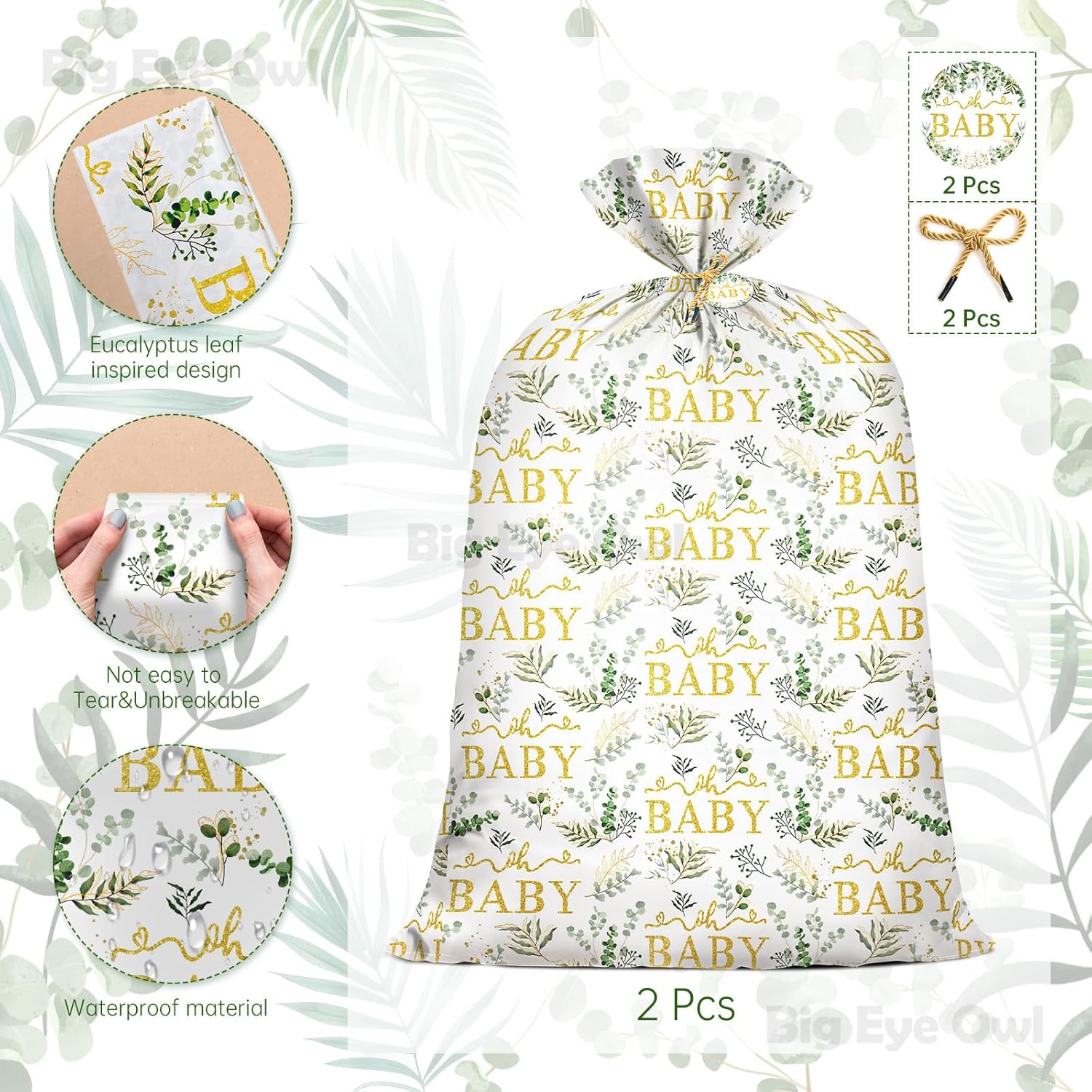 2Pcs Extra Large Baby Shower Plastic Gift Bag 70"X 40"Jumbo Present Bag Eucalyptus Leaves Birthday Large Gift Wrapping Bags Oversized Oh Baby Sage Green Gender Reveal Birthday Party Favors