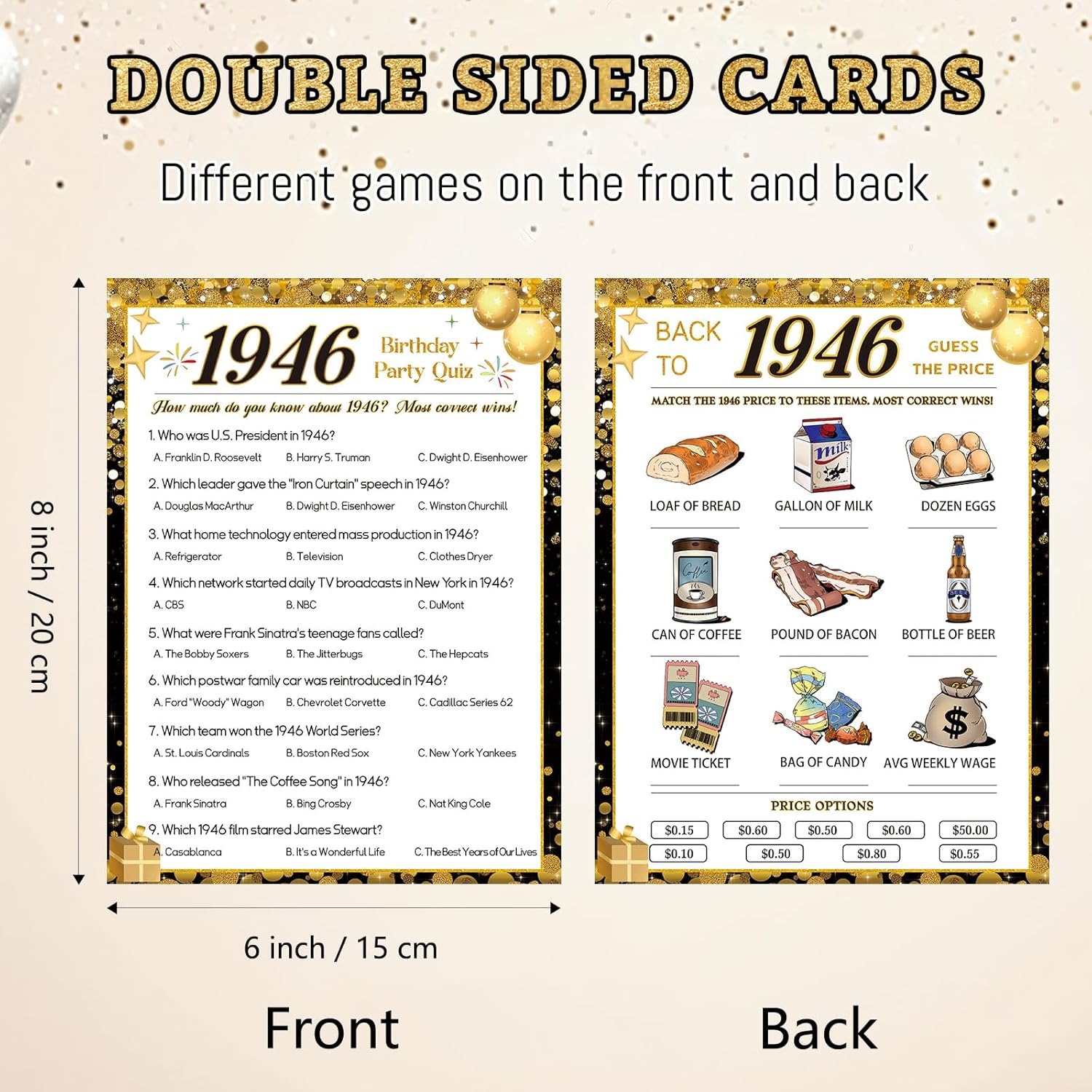 80Th Birthday Party Games, 1946 Quiz & Guess The Price Game Cards, Black Gold 80Th Birthday Party Supplies For Men Women, Pack Of 30 Cards