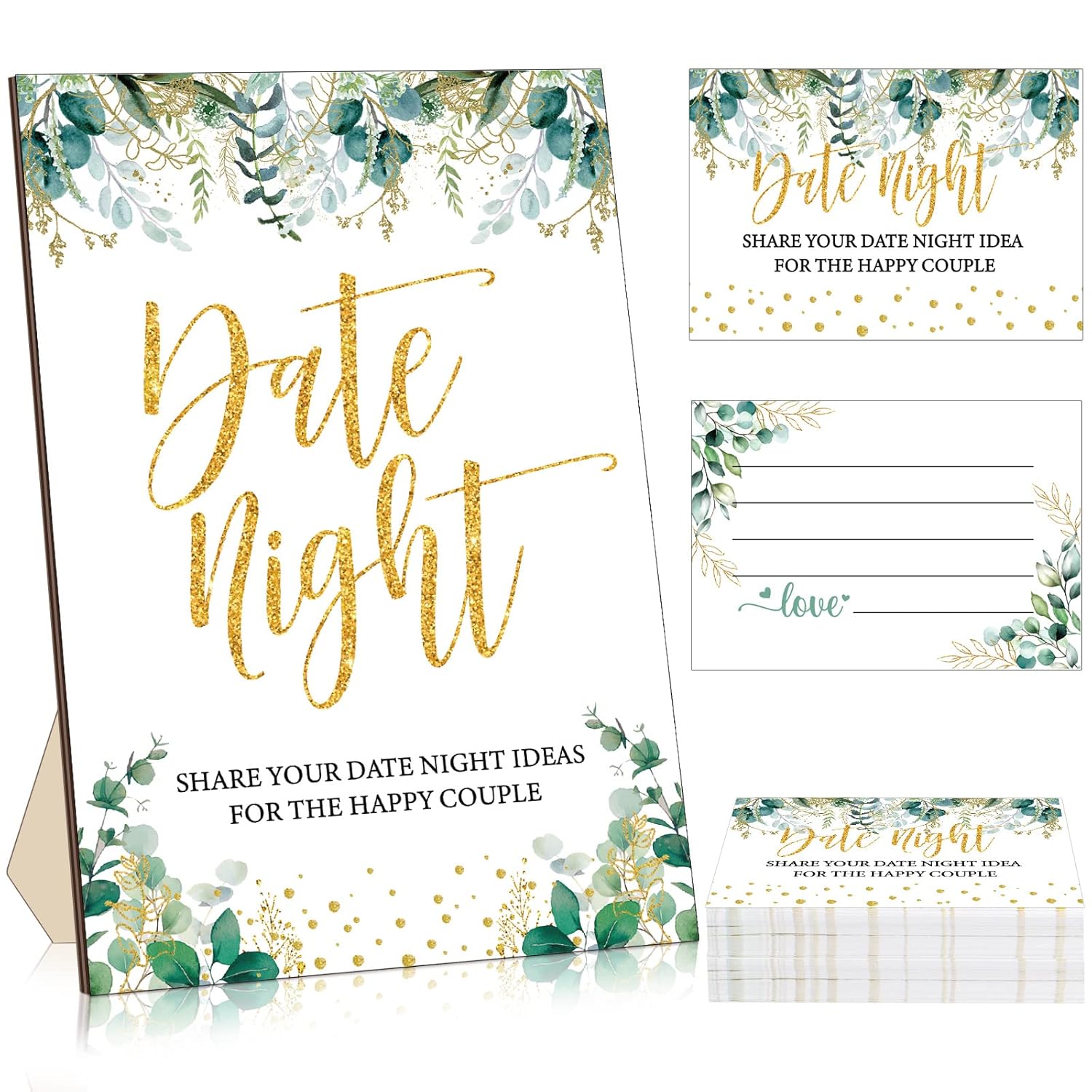Bridal Shower Date Night Games Includes 1 Stand(8 X 5) Greenery Eucalyptus Bridal Shower Party Game Sign, 50 Date Night Guessing Cards(5 X 3) For Bachelorette Party Wedding Reception Games