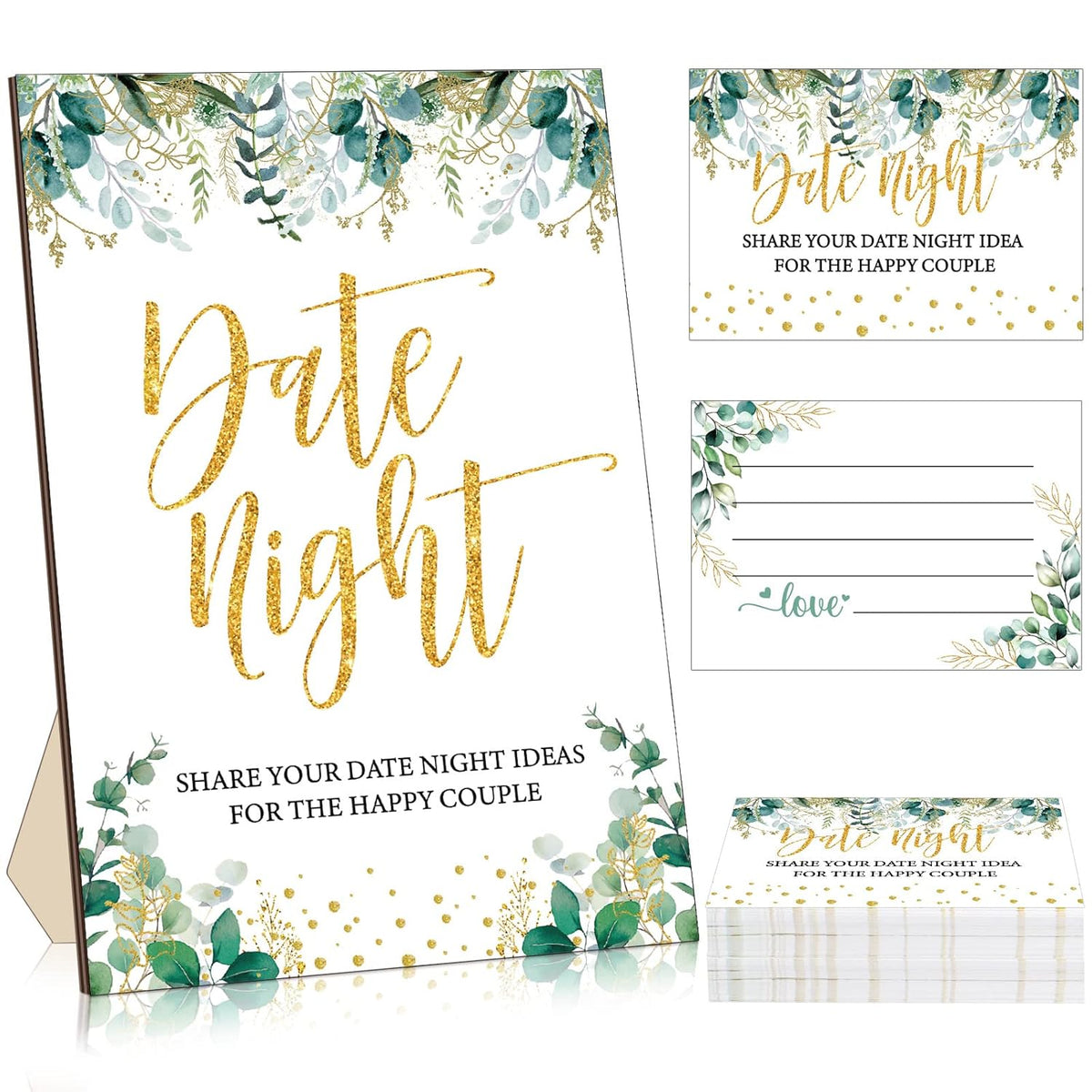 Bridal Shower Date Night Games Includes 1 Stand(8 X 5) Greenery Eucalyptus Bridal Shower Party Game Sign, 50 Date Night Guessing Cards(5 X 3) For Bachelorette Party Wedding Reception Games