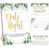 Bridal Shower Date Night Games Includes 1 Stand(8 X 5) Greenery Eucalyptus Bridal Shower Party Game Sign, 50 Date Night Guessing Cards(5 X 3) For Bachelorette Party Wedding Reception Games