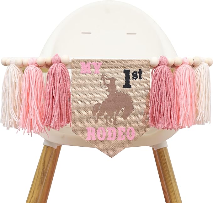 My First Rodeo High Chair Banner — Pink Tassel Cowgirl 1st Birthday Decor