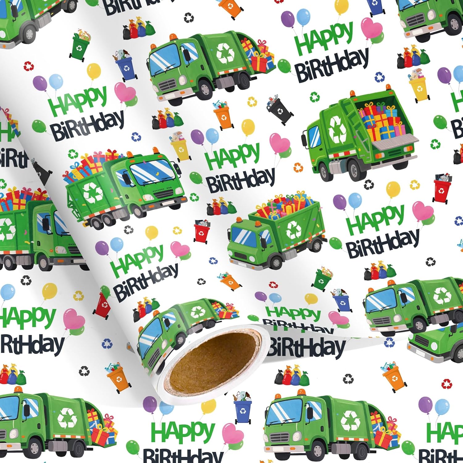 Trash Truck Birthday Wrapping Paper Roll For Boys, Green Garbage Truck Wrapping Paper For Kids Birthday Holiday Baby Shower Party Decorations, 17 Inch X 16.4 Feet