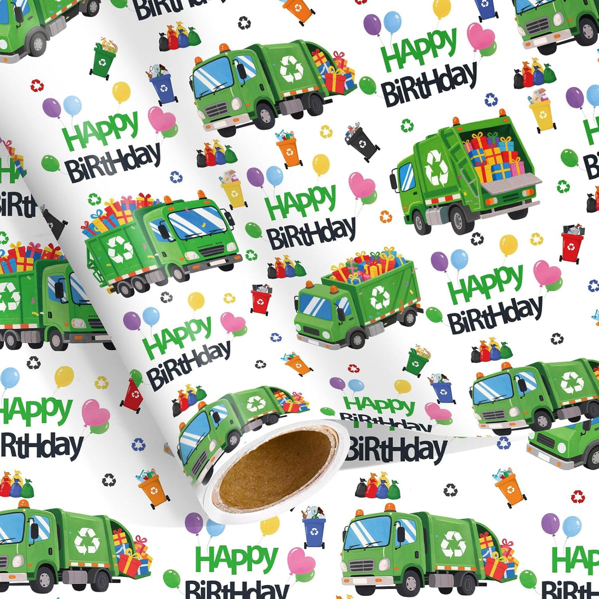 Trash Truck Birthday Wrapping Paper Roll For Boys, Green Garbage Truck Wrapping Paper For Kids Birthday Holiday Baby Shower Party Decorations, 17 Inch X 16.4 Feet