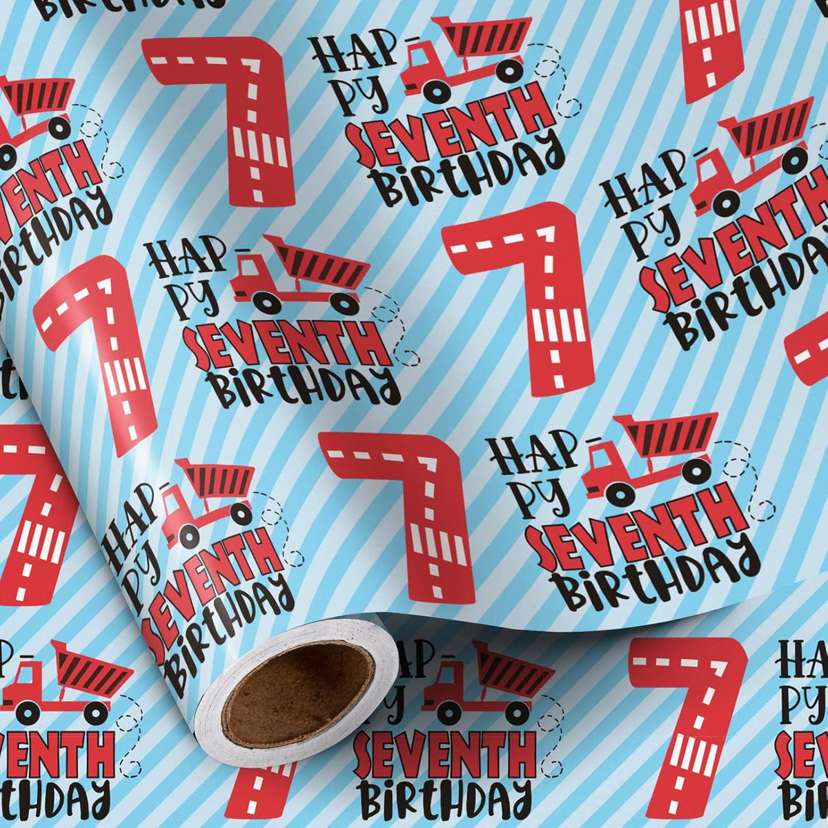 7Th Birthday Wrapping Paper For Boys, Mini Roll, Happy Seventh Birthday Truck Stripes, 17 Inches X 16.4 Feet, Perfect For Boys' Parties