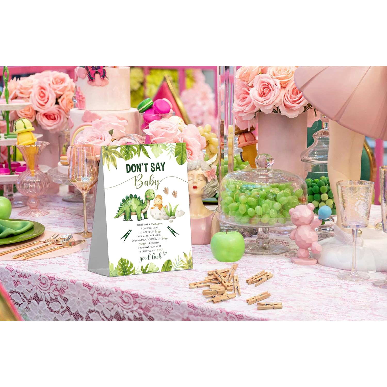 Don'T Say Baby Game Sign With 50 Mini Clothespins - Jungle Dinosaur Shower For Gender Reveal Party Decorations, Favors Supplies (Mq-1-15)
