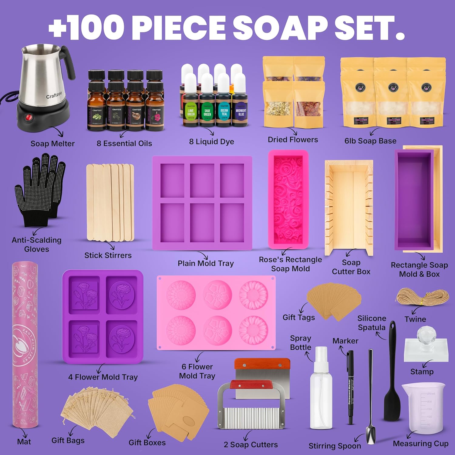 Ultimate Deluxe Soap Making Kit - All-In-One Soap Making Supplies With 6Lbs Soap Base, 8 Dyes, 8 Essential Oils, Silicone Molds, Cutters, All Essential Tools & Instructions, Gift Bags & Boxes