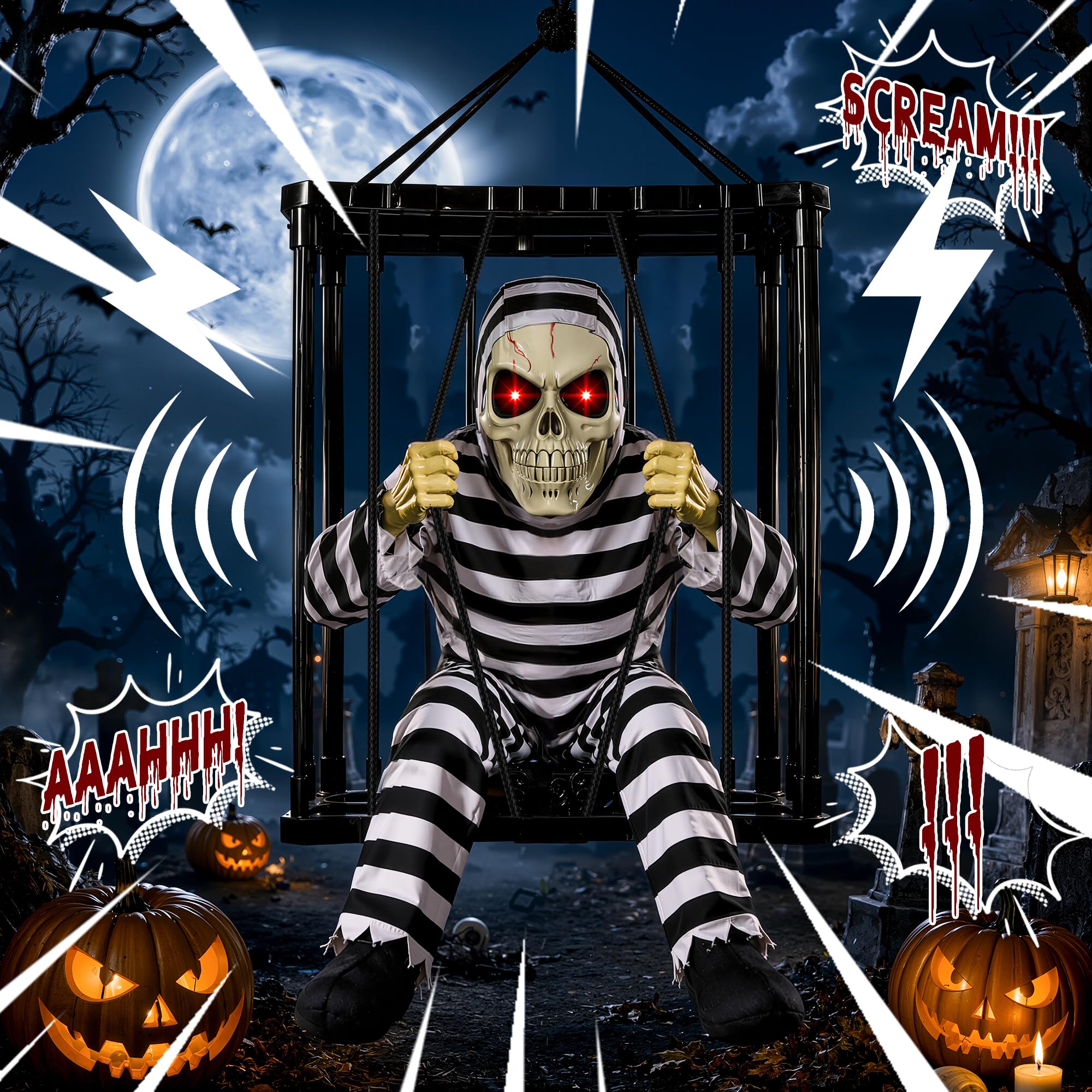 Animated Halloween Decorations Outdoor, Motion Activated Skull Prisoner