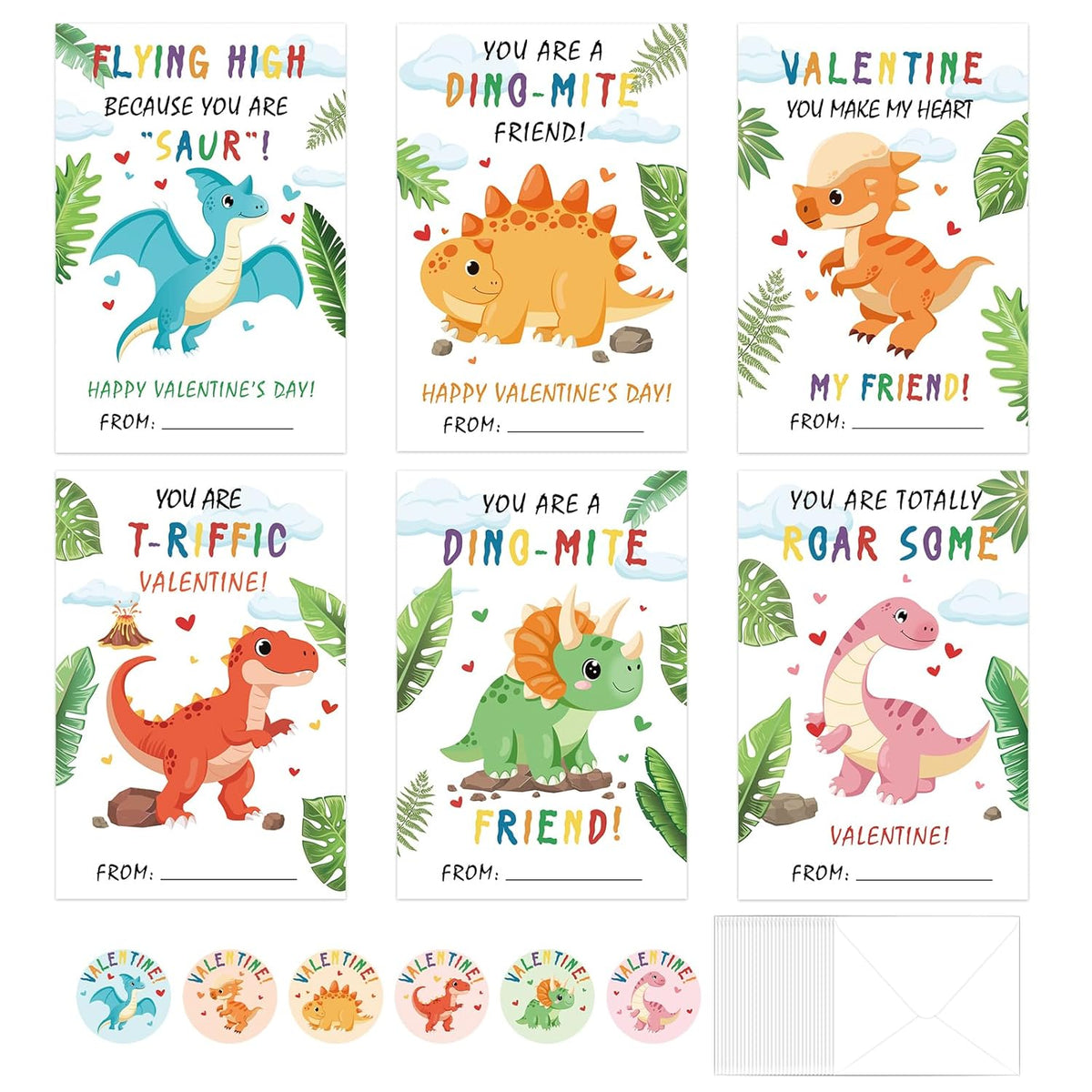 24 Pack Valentines Day Cards For Kids Classroom School Dinosaur Valentines Day Gifts Dino Greeting Cards With Envelopes & Stickers Crafts For Boys Girls Toddlers Valentine'S Party Favor