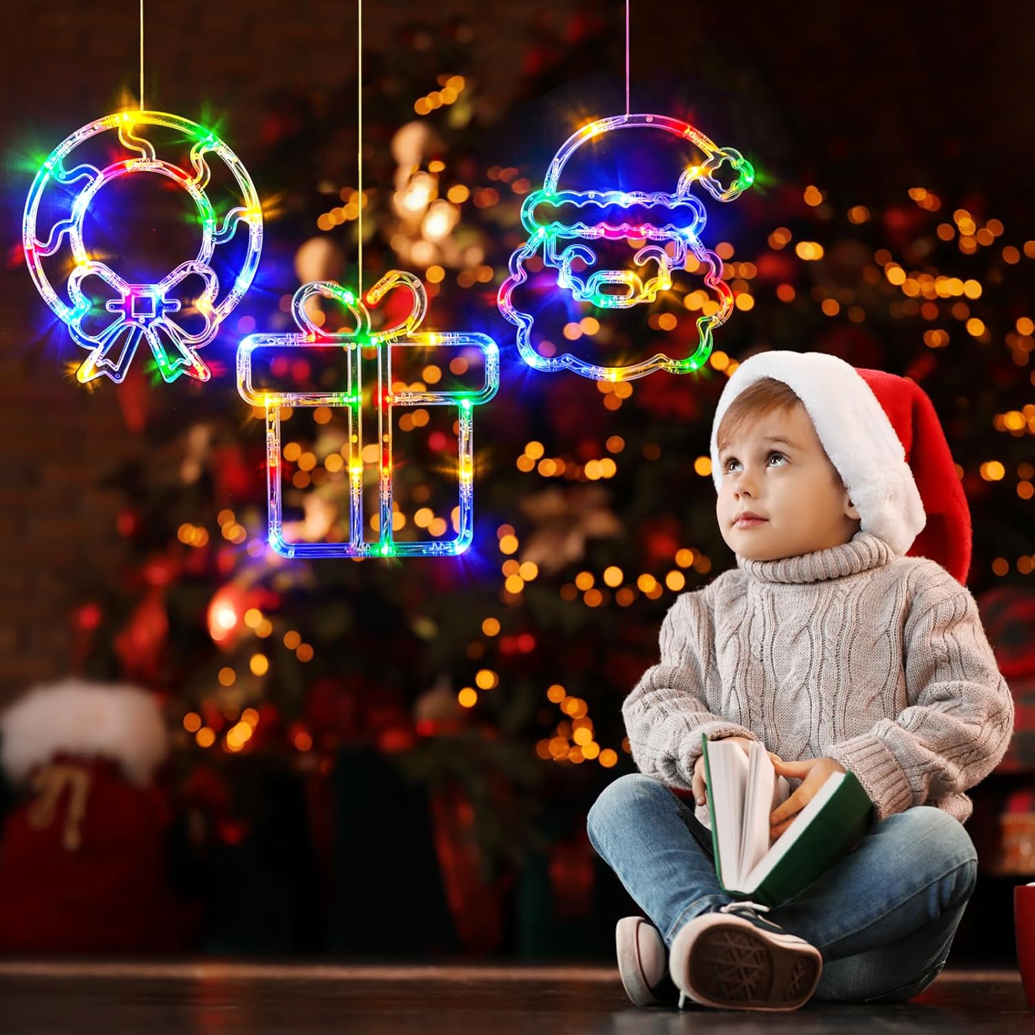 Christmas Window Decorations 3 Pack Wreath Gift Box Santa Claus Christmas Window Lights With Suction Cups, Battery Opera