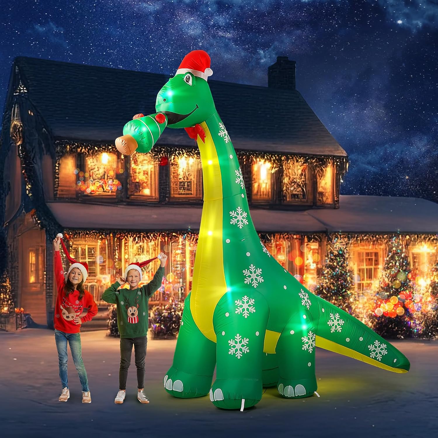 10 Ft Dinosaur Christmas Inflatable Outdoor Decoration, Lighted Dinosaur Christmas Blow Up With Xmas Hat And Tree, Xmas
