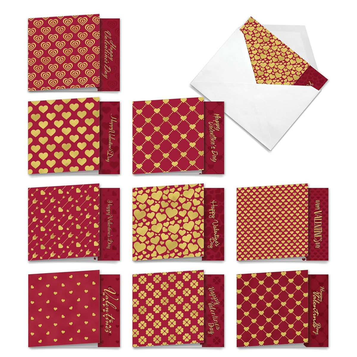 - 10 Assorted Valentine'S Day Note Cards (4 X 5.12 Inch) - Boxed Valentine Cards, Bulk Set With Envelopes (Not Foil) - Red And Gold All Over Mq5666Vdg-B1X10