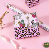 Reversible Birthday Wrapping Paper Roll, Mini Roll, Safari Animals Party Design & Pink Leopard Print Gift Wrap For Girls Birthday Party, Baby Shower, 17 Inches X 16.4 Feet