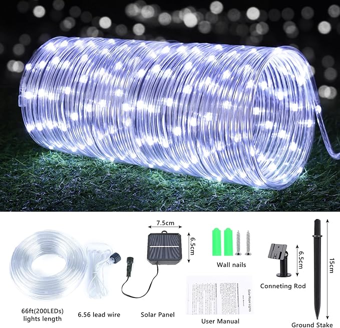 66FT Solar Rope Lights 200 LED Waterproof Flexible Tube String Lights for Garden Patio